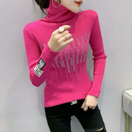 堆堆高领针织衫女长袖秋冬内搭紧身套头毛衣欧货洋气烫钻打底上衣商品大图