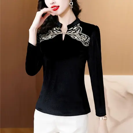 秋冬加绒加厚保暖打底衫女2023新款金丝绒立领修身洋气设计感小衫商品大图