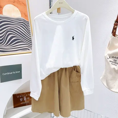 韩代同款2023夏季简约刺绣小马慵懒休闲长袖薄款T恤防晒衫雪花棉图片