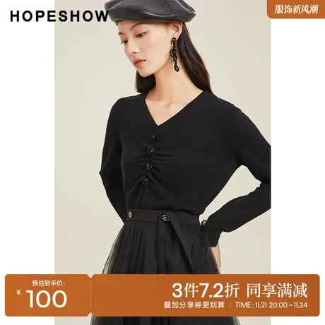 红袖outlets花朵抽皱V领针织衫hopeshow2022春季新款黑色打底上衣图片