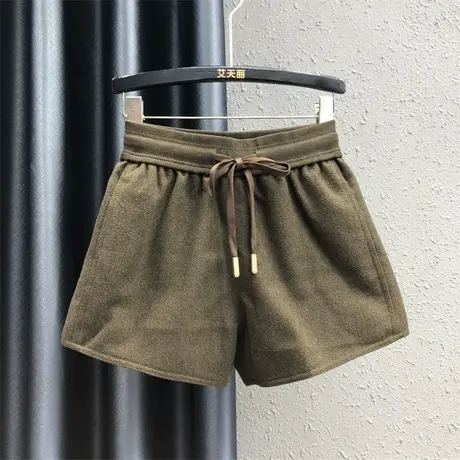 欧货高腰抽绳阔腿裤女23秋季新款咖啡色松紧腰设计感宽松显瘦短裤商品大图