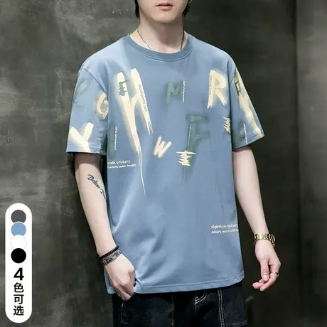 夏季薄款潮牌印花圆领短袖T恤男士夏天体恤衫上衣服男装夏装纯棉图片