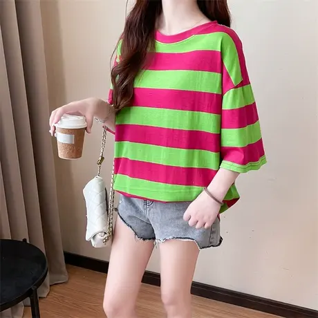 撞色条纹短袖t恤女夏季装设计感小众修身显瘦短款正肩体恤上衣服商品大图