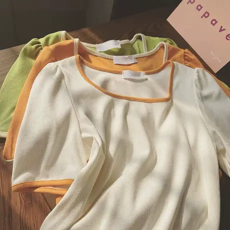 拼色方领短袖t恤女2022年夏季新款法式内搭露锁骨上衣ins潮商品大图