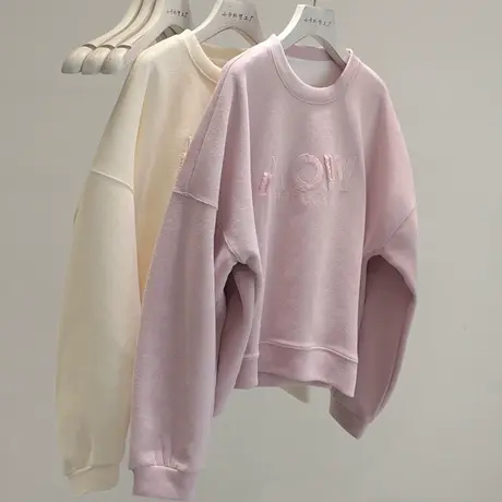 2023秋冬新款短款刺绣刷毛卫衣女加绒加厚时尚小个子休闲套头上衣商品大图