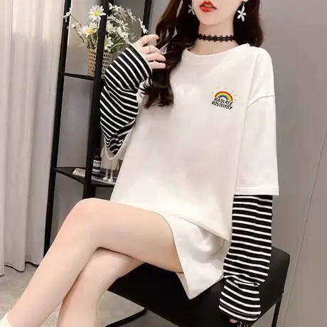 长袖T恤女中长款拼接条纹假两件2023秋新款宽松字母秋装复古上衣商品大图