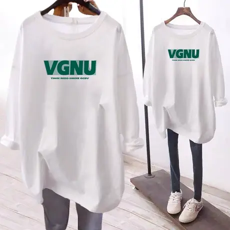 大码纯棉长袖t恤女胖mm早秋薄款显瘦打底衫ins潮休闲美式复古上衣商品大图