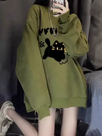 绿色卫衣女显白港风chic复古圆领加绒上衣冬ins潮大码设计感外套图片