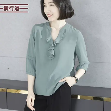 2025春季新款中袖女装立领上衣宽松雪纺衫大码胖MM中年妈妈七分袖商品大图