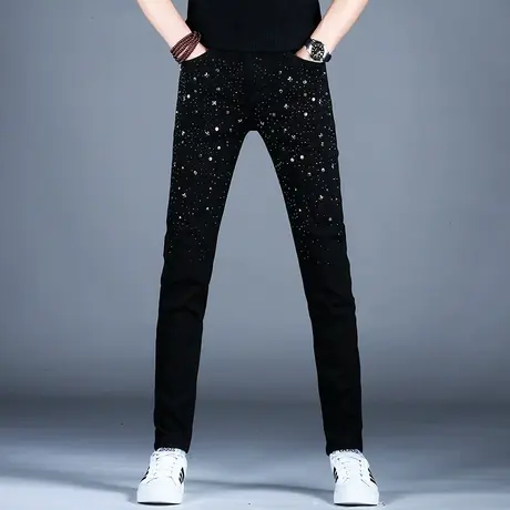 2023新款秋冬季男士黑色烫钻牛仔裤男款时尚修身小脚裤子美式高街商品大图