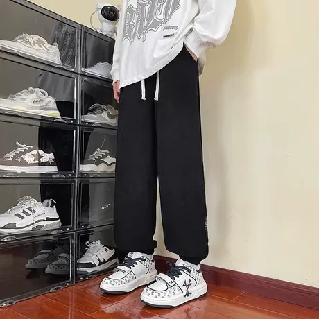 黑色卫裤男春秋款直筒束脚春季宽松大码裤子青少年男生休闲运动裤图片