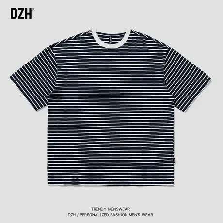 男士条纹短袖男夏季潮牌ins宽松纯棉重磅t恤2023新款小众男生衣服商品大图