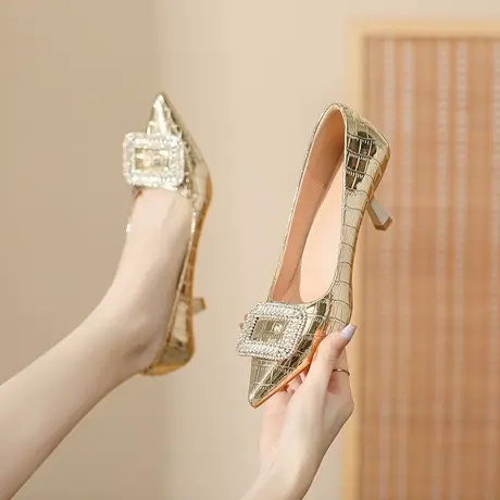 高跟女2024年秋季百搭新款水钻尖头网红法式漆皮高跟鞋女细跟气质图片