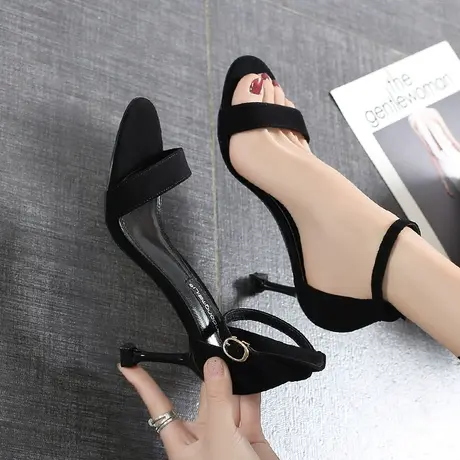 细跟高跟鞋女韩版2020夏季新款网红百搭罗马鞋黑色性感一字带凉鞋图片