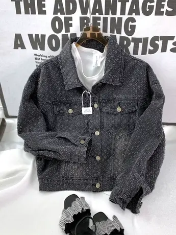 美式复古提花牛仔外套女2023冬季新款显瘦百搭宽松休闲黑色上衣潮图片