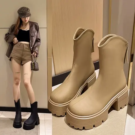 增高粗跟短靴女2024新款马丁靴小个子厚底高跟靴时尚显瘦瘦靴子女图片