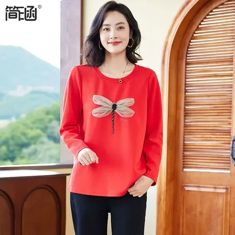 新年红卫衣女简涵2024春季新款宽松休闲大码套头圆领上衣商品大图