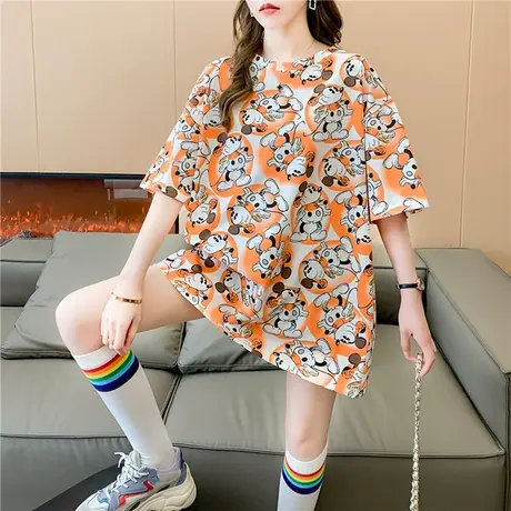 2024春夏新款中长款宽松大版通勤短袖t恤女小众上衣圆领半袖上衣图片