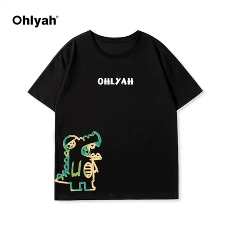 Ohlyah春夏新款圆领纯棉卡通涂鸦小恐龙印花短袖男女同款情侣T恤商品大图