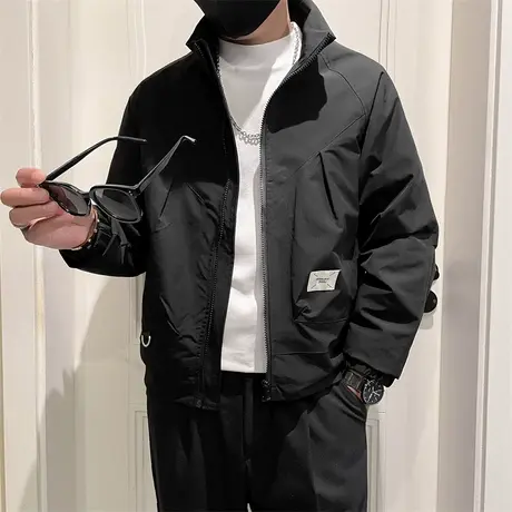 春秋季纯色重磅立领工装夹克男宽松高级感潮牌休闲外套痞帅机车服商品大图