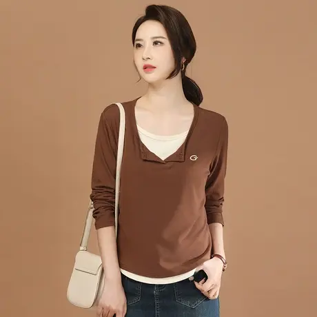 韩潮袭人休闲假两件撞色长袖T恤女2024春季新款百搭拼接上衣图片