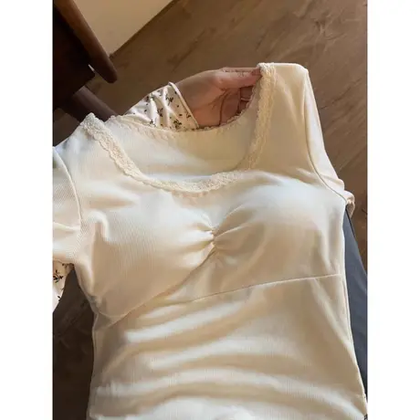 法式韩版修身长袖T恤女德绒保暖内搭打底衫纯欲蕾丝边上衣ins潮牌商品大图