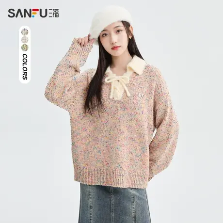 三福毛衣2024春季金属装饰撞色绑带翻领宽松上衣女装480733商品大图