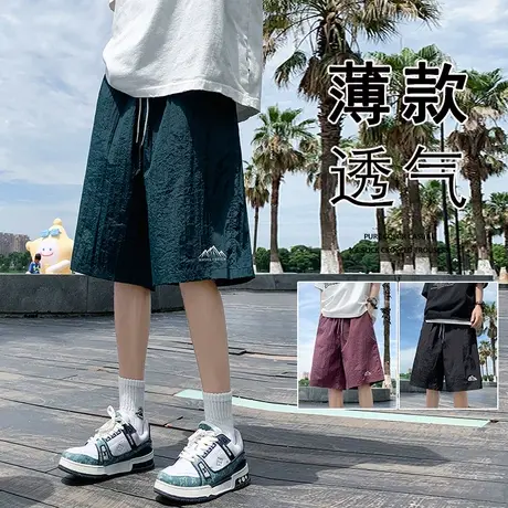 雪山刺绣短裤男夏季薄款冰丝速干美式潮牌宽松大码休闲运动五分裤商品大图