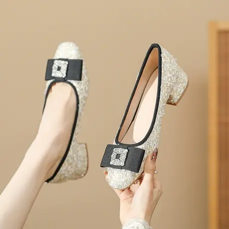 小香风单鞋女2024年新款方头水钻蝴蝶结亮片法式粗跟高跟鞋不累脚图片