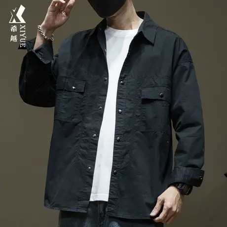希越纯棉衬衫男2024春季新款宽松大码男士夹克休闲翻领衬衣外套潮商品大图
