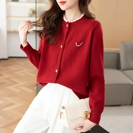 23190新款韩版宽松圆领针织衫长袖开衫纽扣外套女上衣拼接毛衣商品大图