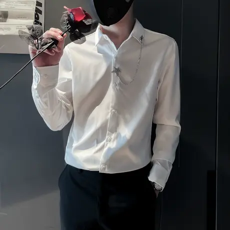长袖衬衫男春季新款潮牌纯色高级简约男装上衣ins发型师修身衬衣商品大图