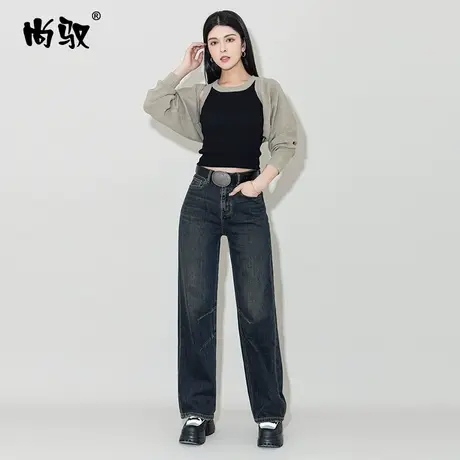 尚驭窄版蓝色弹力高腰牛仔抓毛直筒裤女冬季新款韩版阔腿裤拖地裤商品大图