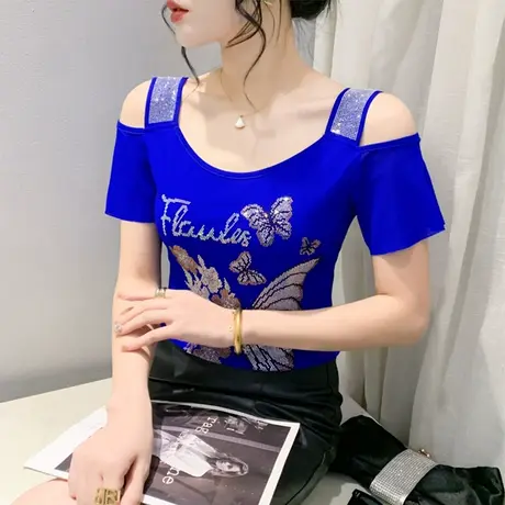 性感一字领露肩短袖T恤女洋气吊带网纱上衣重工烫钻小衫修身气质商品大图