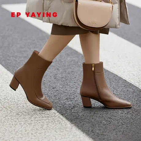 EP YAYING雅莹女鞋 通勤简约拼接方头牛皮粗跟短靴 商场同款XS10A商品大图