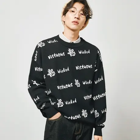 中国风文字复古毛衣针织衫男外套潮牌国潮秋冬宽松大码加厚毛线衣商品大图