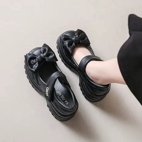 法式粗跟玛丽珍鞋女2024春夏季新款蝴蝶结浅口单鞋厚底高跟小皮鞋商品大图