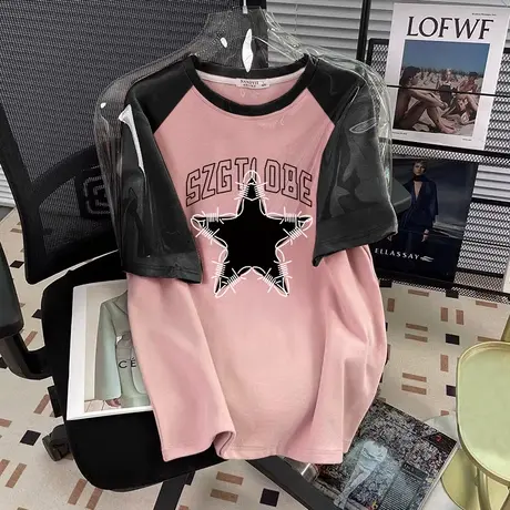 大码高级感插肩袖T恤胖mm遮肉显瘦纯棉短袖潮ins复古撞色夏季上衣商品大图