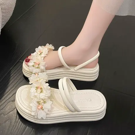 凉鞋女2024新款夏季外穿精致花朵厚底绝美仙女风配裙子沙滩凉拖鞋图片