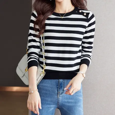 【3月4春新品8折】宽松条纹圆领针织打底衫气质显瘦百搭长袖上衣图片