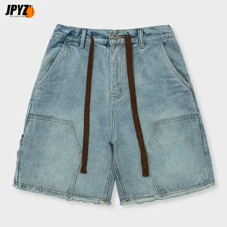 复古美式牛仔裤男款夏直筒宽松潮牌水洗高街百搭休闲带抽绳短裤子商品大图