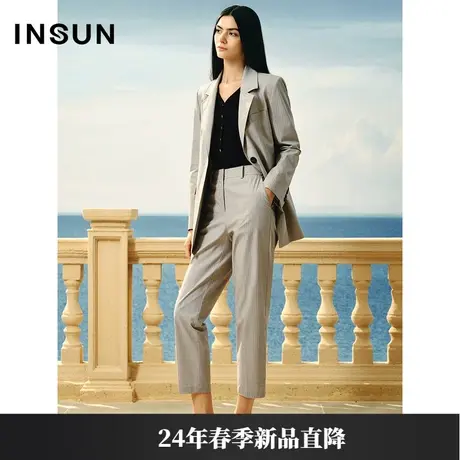 INSUN恩裳线上专选2024春款棉麻混纺商务感灰色西装图片
