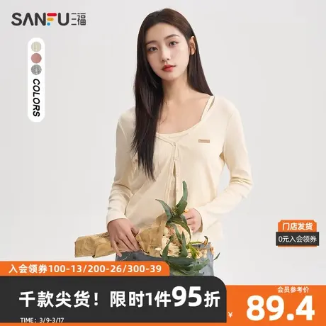 三福长T恤2024夏季纽扣门襟吊带披肩两件套上衣女装483077商品大图