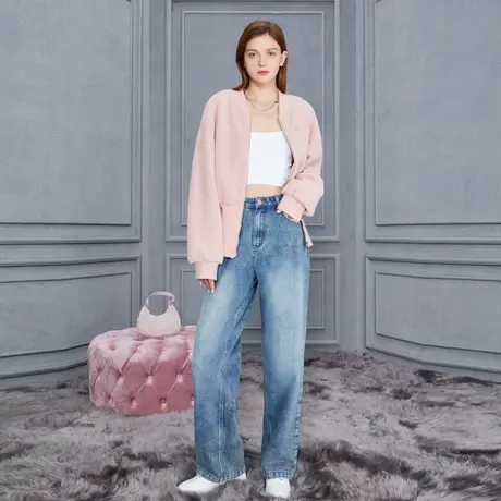 Juicy Couture橘滋粉糖豆撞色皮标阔腿女式牛仔裤商品大图