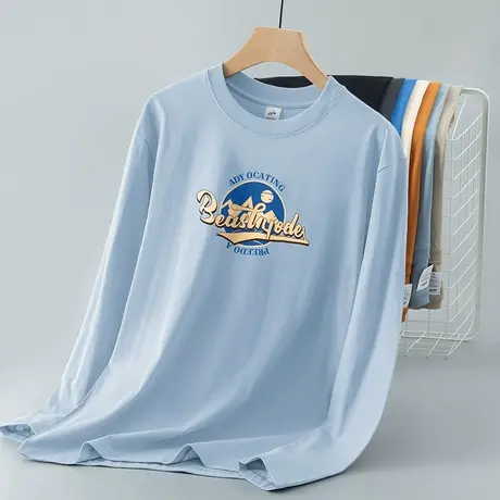 重磅纯棉长袖t恤男装宽松圆领上衣服美式潮流全棉内搭打底衫秋衣商品大图