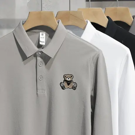 珠地棉翻领小熊polo衫男长袖t恤商务休闲保罗打底衫带领有领秋衣图片