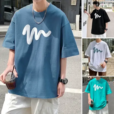 立体发泡印花宽松纯棉短袖T恤男夏季落肩袖五分半袖ins潮牌上衣服商品大图