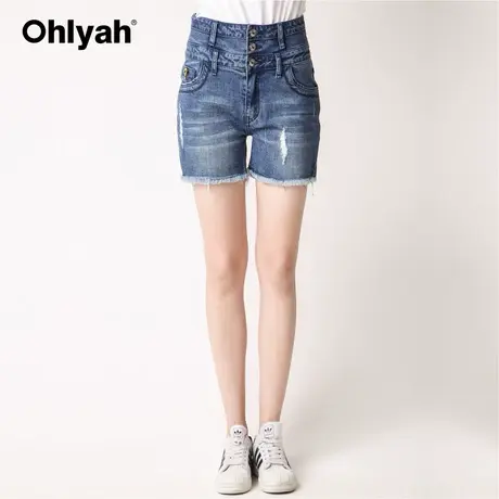 Ohlyah品牌夏季新款高腰修身直筒牛仔短裤女热裤磨毛边散口双层腰商品大图