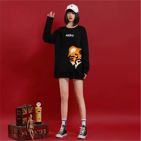 Ohlyah虎年本命年潮牌卫衣女 国潮圆领宽松春秋长袖情侣班服定制商品大图