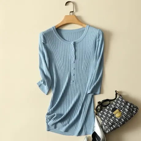 冰丝针织衫女早秋2023年新款七分袖t恤修身半袖圆领上衣宽松薄款商品大图